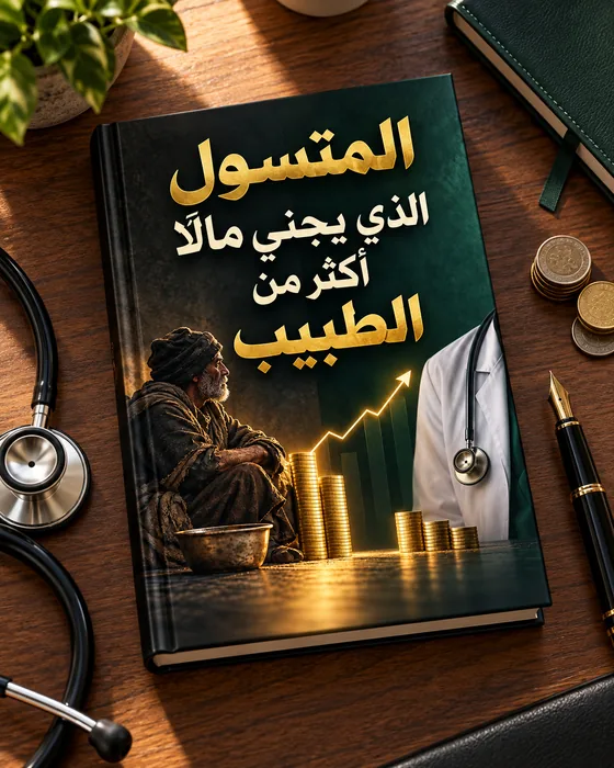نسخة كتاب المتسوّل الذي يجني مالًا أكثر من الطبيب فوق مكتب